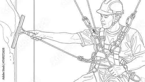 Window Cleaner Line Art — Worker Suspended on Harness Cleaning Skyscraper with Ropes and Squeegee, Minimal Vector Illustration