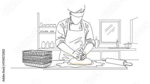 Baker Pressing Dough — Black Continuous Line Art with Flour, Rolling Pin, and Bread Trays in Minimalist Kitchen, Vector Illustration