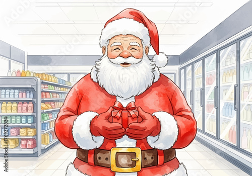 Watercolor illustration of Santa Claus holding a gift in a supermarket aisle