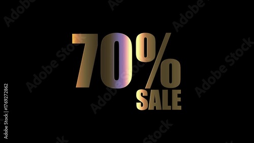70 Percent Sale shiny golden text animation on black background