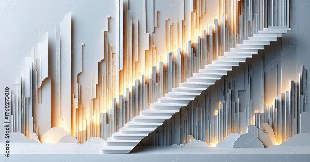 Fototapeta premium Abstract staircase rises amid geometric pillars. Warm light emanates from gaps, creating dramatic visual effect. Minimalist design.