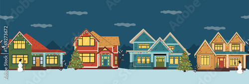 Christmas street banner. Seamless border for Christmas night with decorated cottages. Horizontal vector illustration for winter holidays. 