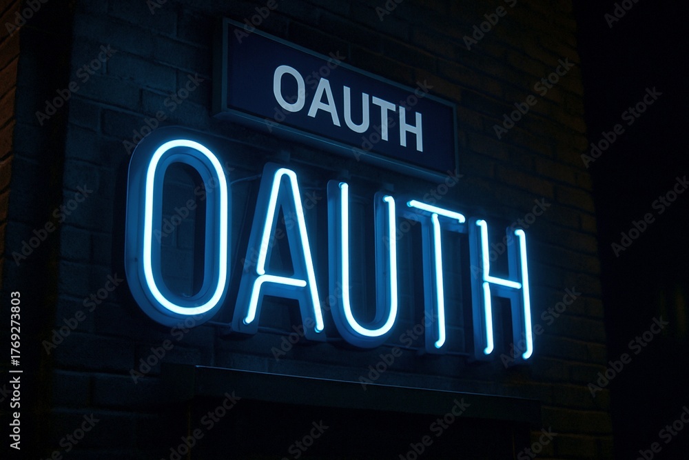 Fototapeta premium A glowing blue neon sign spelling OAUTH is mounted on a dark brick wall at night with a smaller sign above it