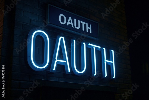 A glowing blue neon sign spelling OAUTH is mounted on a dark brick wall at night with a smaller sign above it