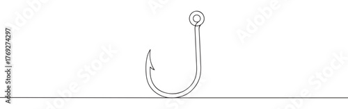 Continuous one-line drawing of a fishing hook, symbolizing fishing, recreation, and challenge in a clean, minimalist outline on a white background.