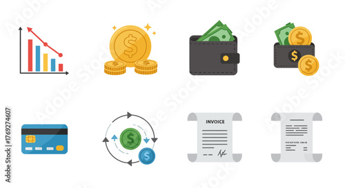 Financial Icons Set Representing Business and Money Concepts.