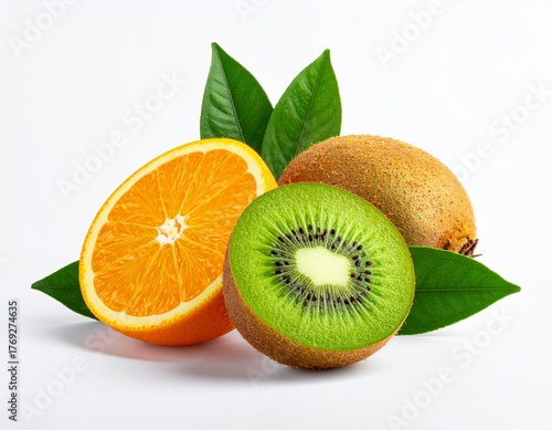 Sliced kiwi and orange on a white background.