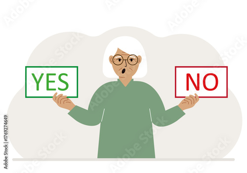 A woman holds two banners Yes and No in his hands. Test question. Indecisive choice, argument, opposition, choice, dilemma, opponent's view.