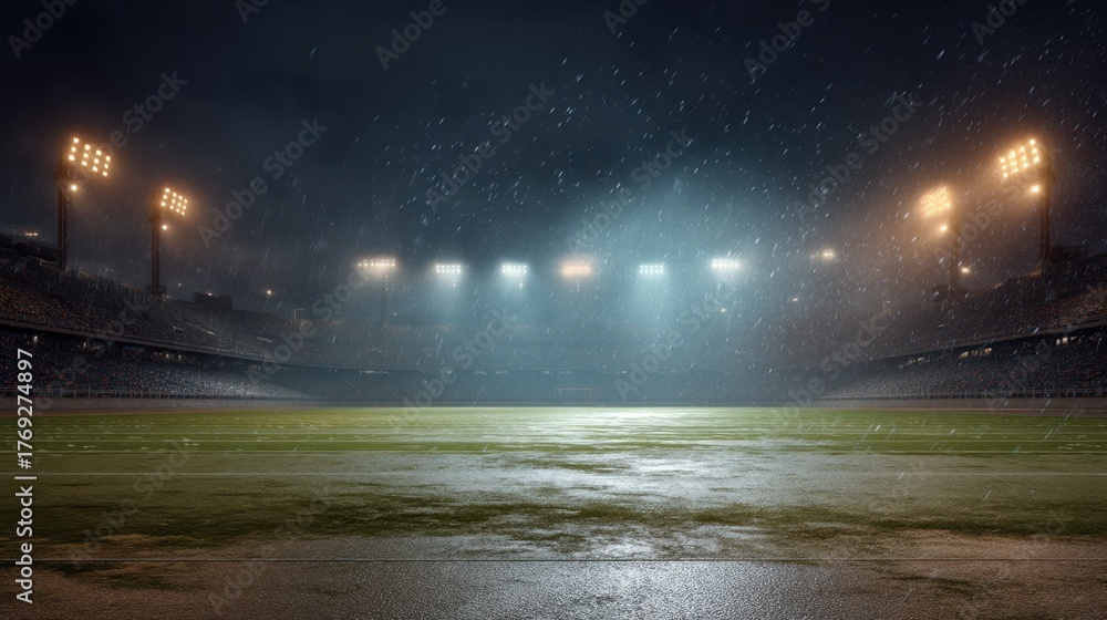 Fototapeta premium Empty football stadium field at night with heavy rain under bright spotlights. Dramatic sports arena scene for game and event.