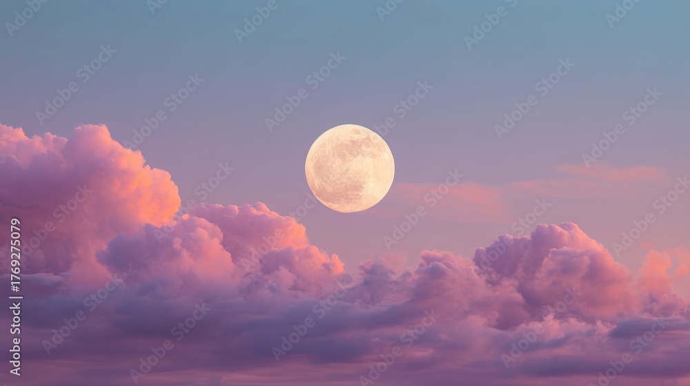 Fototapeta premium Full moon shining above dramatic pink and purple clouds at sunset. Celestial body with atmospheric phenomenon and natural beauty landscape.