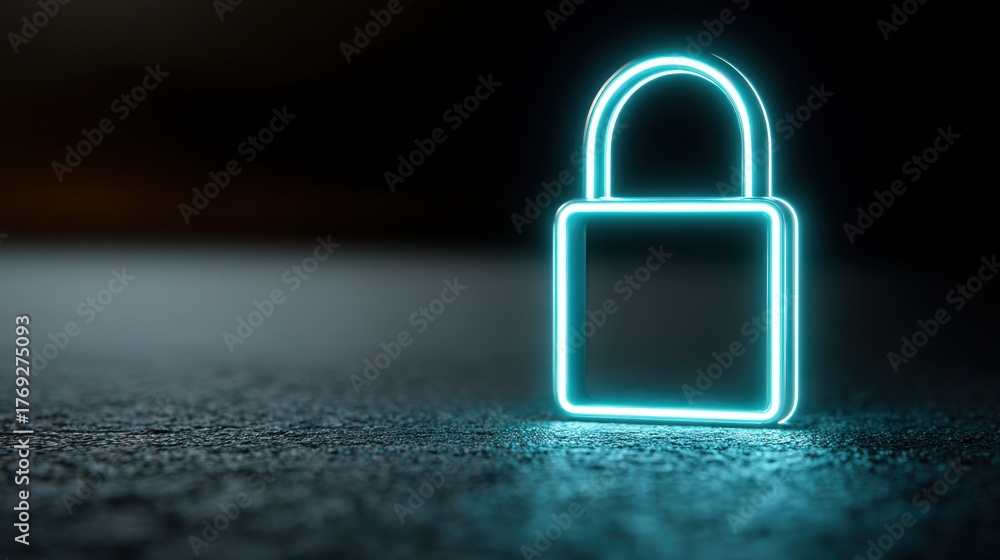 Fototapeta premium Glowing blue padlock icon on dark background. Digital security concept for data protection and cyber safety. Cybercrime prevention.