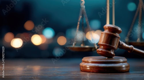 Wooden gavel and scales of justice, representing law enforcement and legal system. Symbol of auction, judgment, and court for justice.