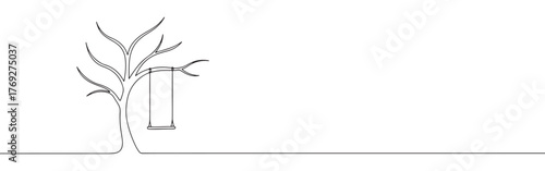 Minimalist continuous line art of a tree with a swing, evoking childhood memories and tranquility.