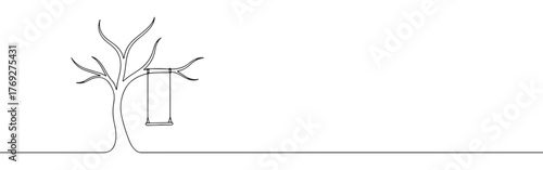 Minimalist continuous line art of a tree with a swing, evoking childhood memories and tranquility.