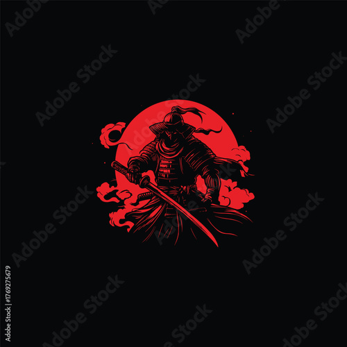 Dark and dramatic illustration of a hidden Samurai warrior holding a katana, enveloped in smoke or mist against a vibrant red sun and black background