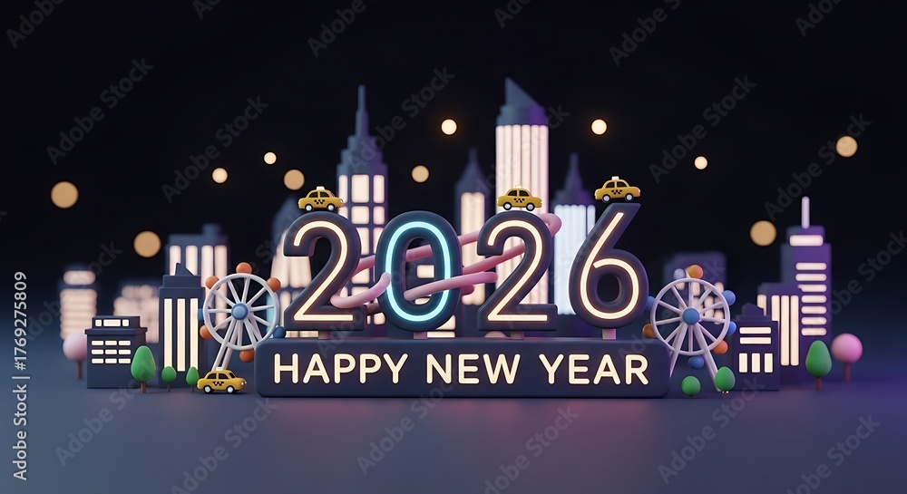 Naklejka premium Vibrant cityscape with glowing 2026 numbers and festive 'Happy New Year' message, perfect for holiday celebrations and event promotions