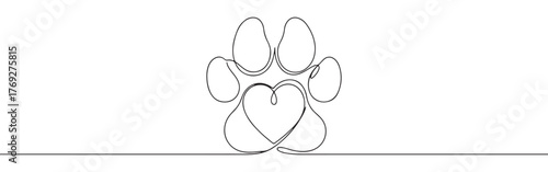 Continuous one-line drawing of a paw print with a heart integrated into its design, symbolizing love for pets, animal care, and companionship in a minimalist style.