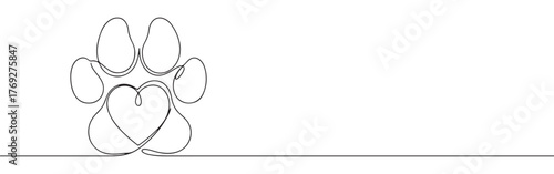 Continuous one-line drawing of a paw print with a heart integrated into its design, symbolizing love for pets, animal care, and companionship in a minimalist style.