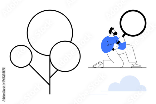 Man kneeling, observing abstract branching circles with magnifying glass. Ideal for research, analysis, growth, exploration, innovation, discovery learning. Simple flat metaphor