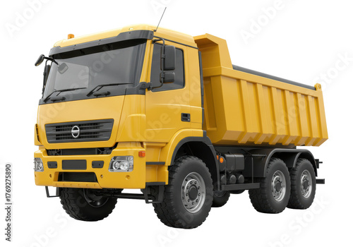 Bild auf Leinwand Isolated yellow dump truck viewed from low angle, a construction vehicle for hea
