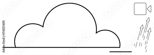 Cloud structure with data uploading arrows and video play sign symbolizing storage, transfer, and streaming. Ideal for technology, internet storage, networking, communication, innovation, digital