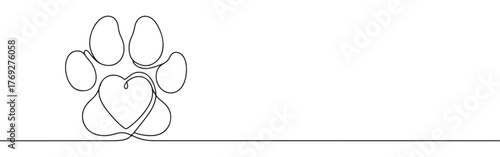 Continuous one-line drawing of a paw print with a heart integrated into its design, symbolizing love for pets, animal care, and companionship in a minimalist style.