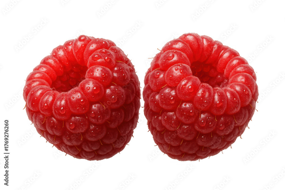 Fototapeta premium Fresh red raspberries with water drops, isolated on a transparent background, depicting a healthy and sweet fruit