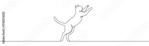 Minimalist continuous line art of a cat standing on hind legs with paws raised, in a playful pose.