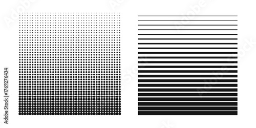 Halftone background from black dot circles of different size and black straight parallel lines of different thickness. Row from elements for design pattern. Vector illustration isolated on transparent