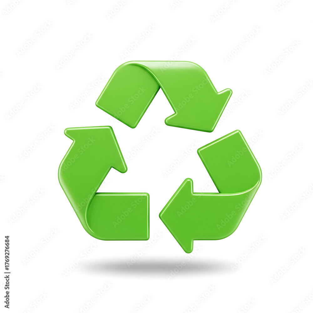 Fototapeta premium Green recycling symbol with three chasing arrows on a white background