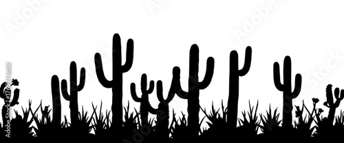 silhouette of a desert landscape with cacti and grass against a white background