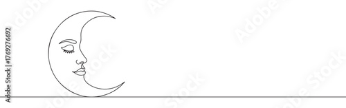 Continuous one-line drawing of a crescent moon with a serene human face, symbolizing dreams, mystery, night, and femininity in a minimalist and artistic style.