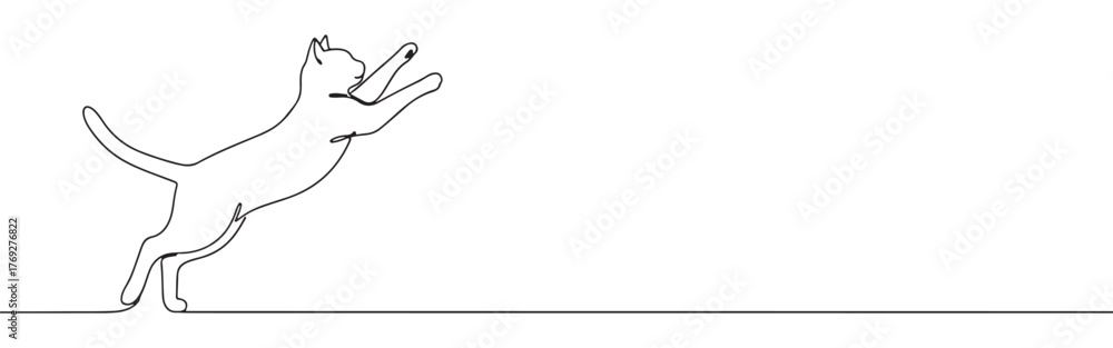 Fototapeta premium Minimalist continuous line art of a cat standing on hind legs with paws raised, in a playful pose.