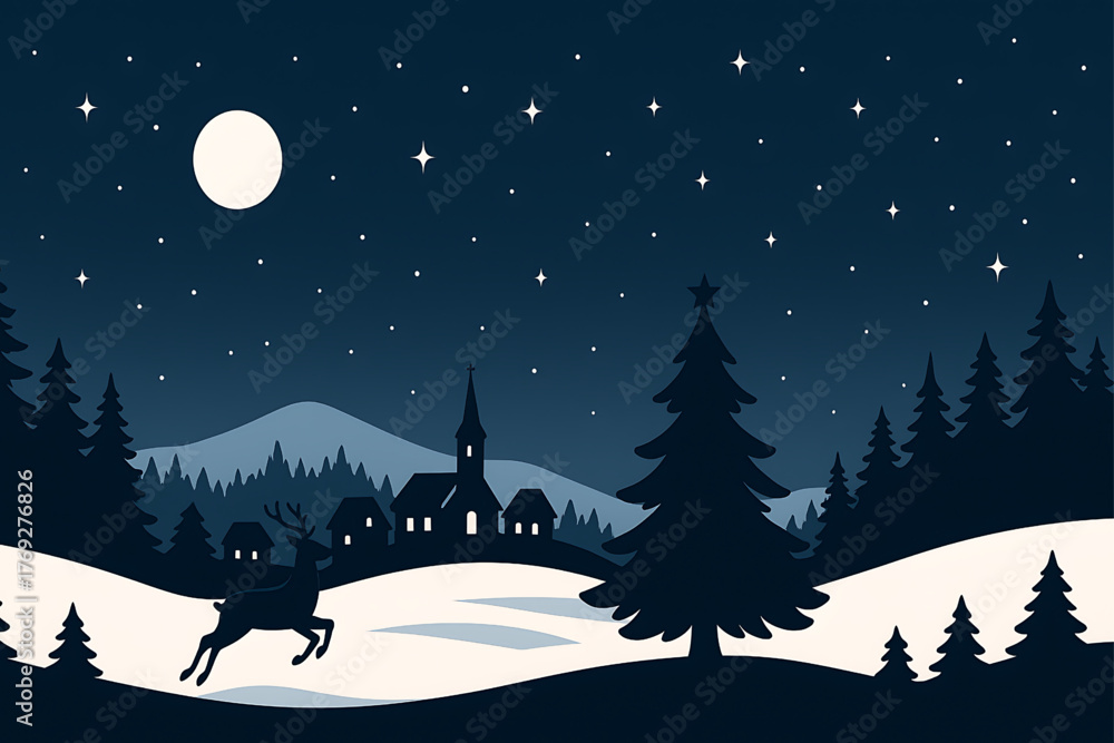 Fototapeta premium a serene winter night scene with a deer, village, and illuminated sky