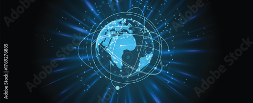 Futuristic science and technology header with interconnected molecular structures and light pulses