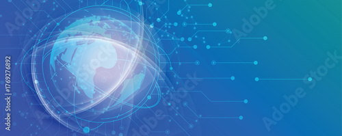 Futuristic science and technology header with interconnected molecular structures and light pulses