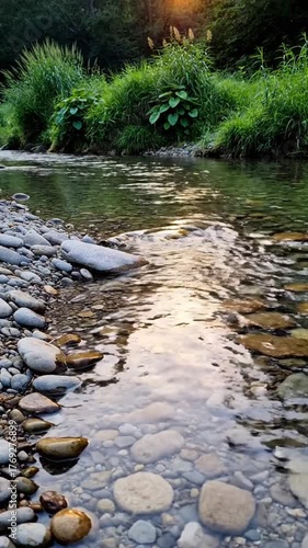 Clear flowing water of stream with rocks and greenery in the sunlight