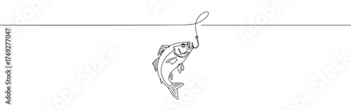 Minimalist continuous line art of a fish caught on a fishing hook, depicting the moment of capture.