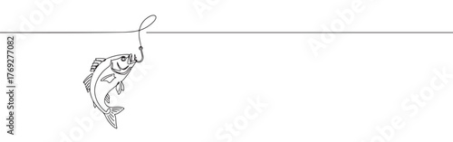 Minimalist continuous line art of a fish caught on a fishing hook, depicting the moment of capture.