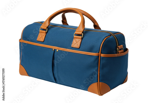 Photography Isolated duffel bag, blue canvas bag with brown leather trim, carry-on luggage,