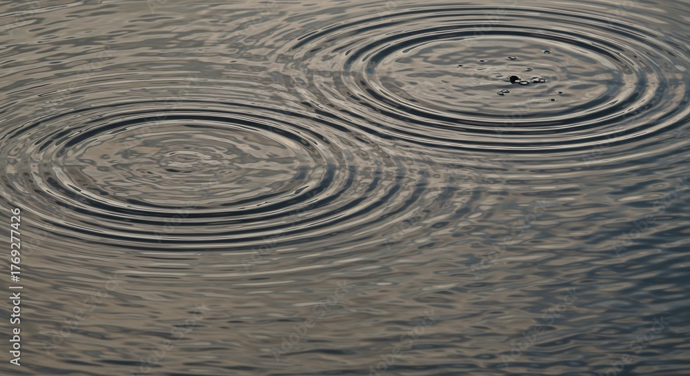 Fototapeta premium Two concentric ripple patterns on a water surface A few small objects float above the circles The water is reflective