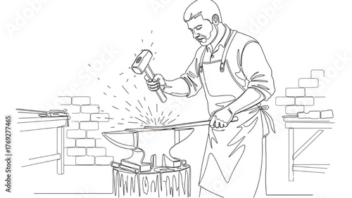 Blacksmith Striking Glowing Metal on Anvil — Black Continuous Line Art with Hammer, Apron, and Minimal Workshop, Vector Illustration