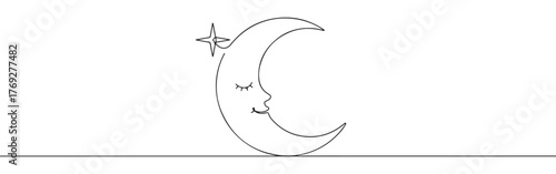 Continuous one-line drawing of a crescent moon with a serene human face, symbolizing dreams, mystery, night, and femininity in a minimalist and artistic style.