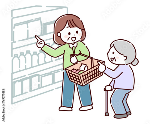 シニア女性の買い物に付き添う女性