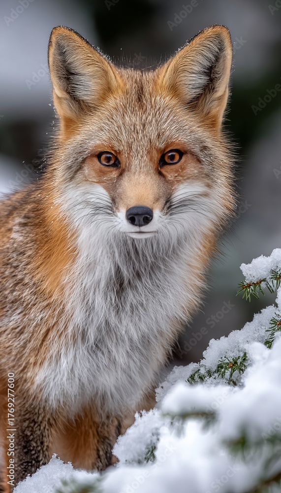 Obraz premium Stunning red fox portrait in a winter wonderland, showcasing its beauty amidst falling snowflakes.