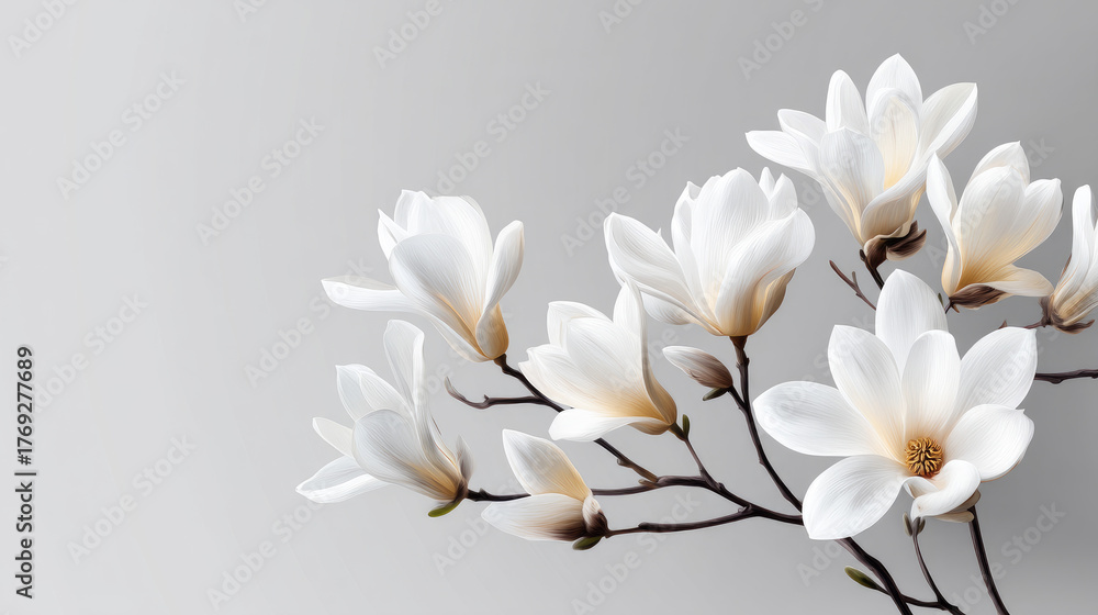 Naklejka premium A cluster of white magnolia blossoms on a soft gray background, with clean, minimalist lines