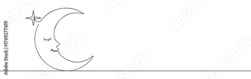 Continuous one-line drawing of a crescent moon with a serene human face, symbolizing dreams, mystery, night, and femininity in a minimalist and artistic style.