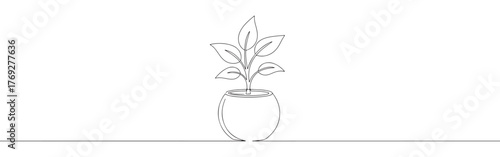 Continuous one-line drawing of a small potted plant with five leaves, symbolizing nature, growth, home decor, and simplicity in a clean, minimalist style.