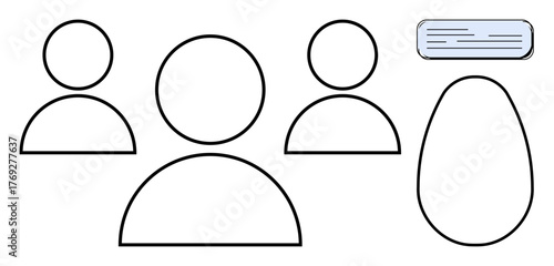 Three simple outlined human figures with a speech bubble symbolizing dialogue, connection, discussion. Ideal for teamwork, communication, brainstorming, interaction, cooperation, group conversation