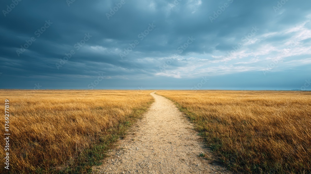 Fototapeta premium Path through golden fields under a dramatic sky, leading to the horizon
